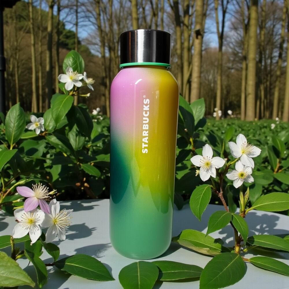 Starbucks Green Pink Yellow Ombre Glass Tumbler w Lid 20oz NWT